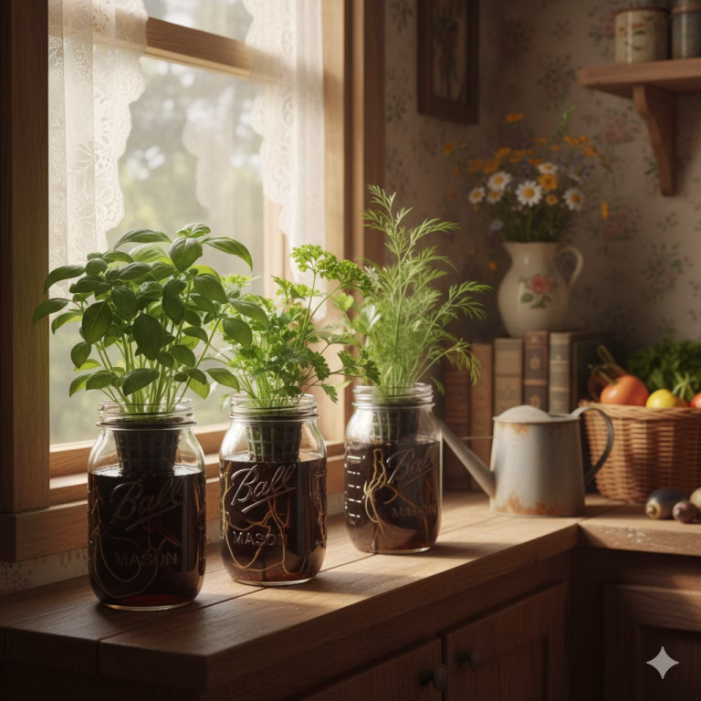 Kratky Mason Jars with herbs