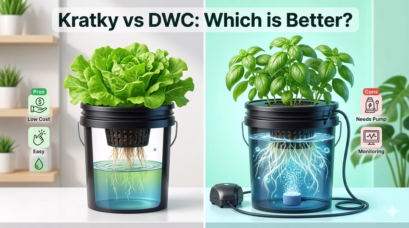 A split-panel comparison graphic titled 'Kratky vs DWC: Which is Better?' comparing two hydroponic systems in 5-gallon buckets. The left side is labeled 'Pros' and features a transparent bucket with an active air stone creating bubbles, a small external air pump, a head of compact lettuce, and icons with text listing benefits as 'Low Cost' and 'Easy'. The right side is labeled 'Cons' and features a passive transparent bucket with a massive, dense root system, large branching basil plants, and icons with text listing drawbacks as 'Needs Pump' and 'Monitoring'. Both systems are on a white table in an indoor garden setting with background shelves of plants.