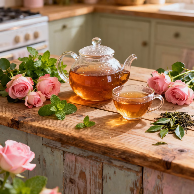 A glass teapot filled with tea and a matching teacup placed among blooming flowers, fresh mint, and tea leaves on a rustic cottagecore kitchen table.