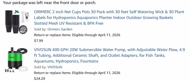 A picture showing a submersible pump and Net pots ordered from Amazon
