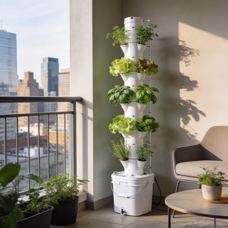 Vertical hydroponic tower garden on apartment balcony growing fresh lettuce and herbs in limited space