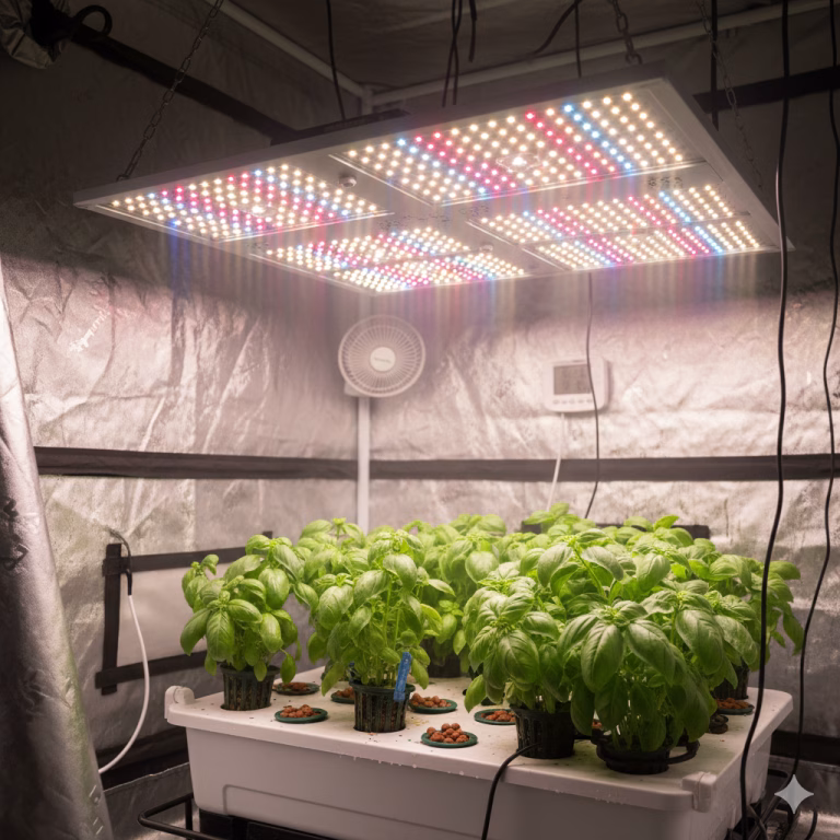 Interior of a grow tent with hydroponic basil plants