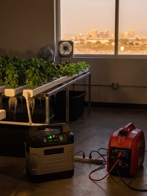Indoor Hydroponics Farm → Soil Free Harvest Indoor hydroponic farm in Phoenix Arizona with lettuce and herbs under emergency lighting, powered by battery backup and a small generator during a summer power outage, showing how growers protect crops and cooling systems from extreme desert heat.