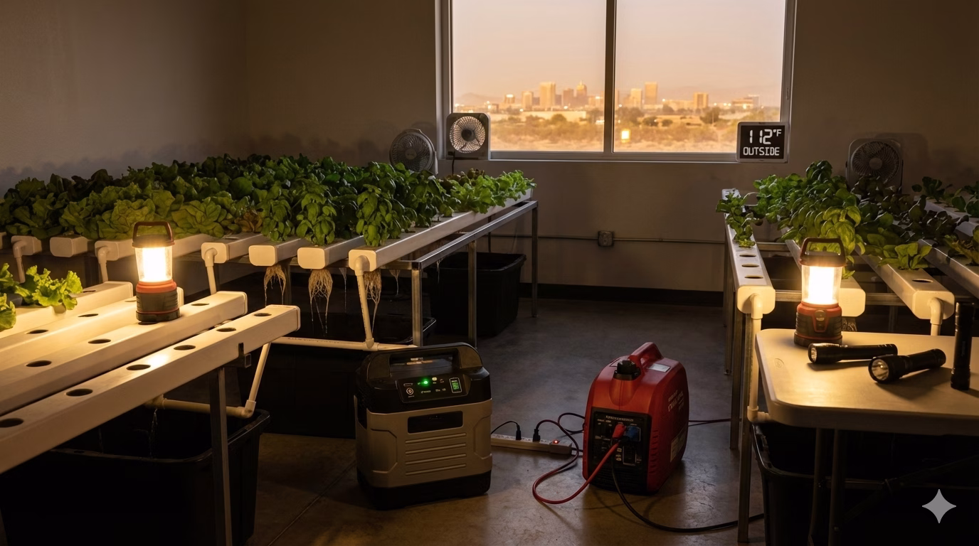 Indoor hydroponic farm in Phoenix Arizona with lettuce and herbs under emergency lighting, powered by battery backup and a small generator during a summer power outage, showing how growers protect crops and cooling systems from extreme desert heat.