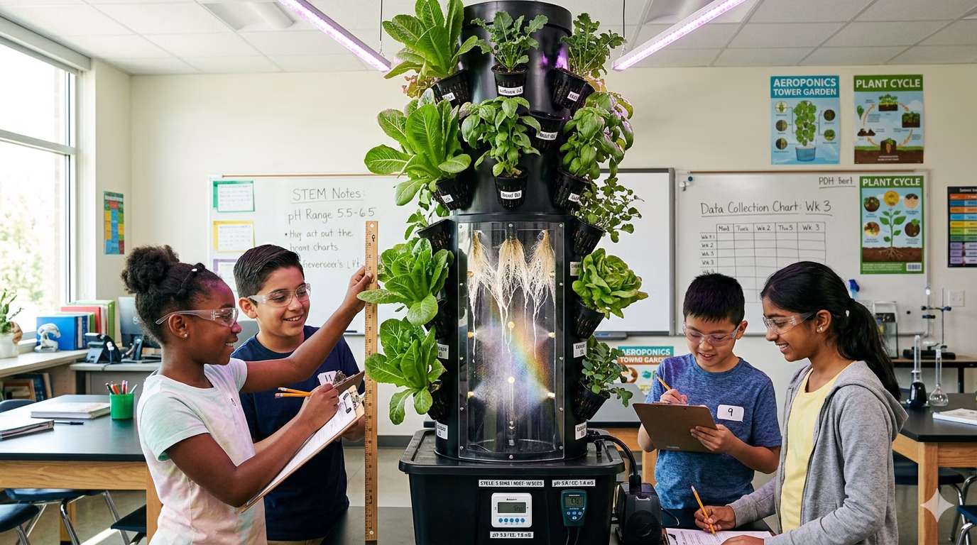 Classroom aeroponics tower → Soil Free Harvest DIY aeroponics tower garden in classroom with students measuring lettuce and basil growth during misting cycle, showing roots, pump, timer, and pH/EC meters for STEM education (grades 4-8).