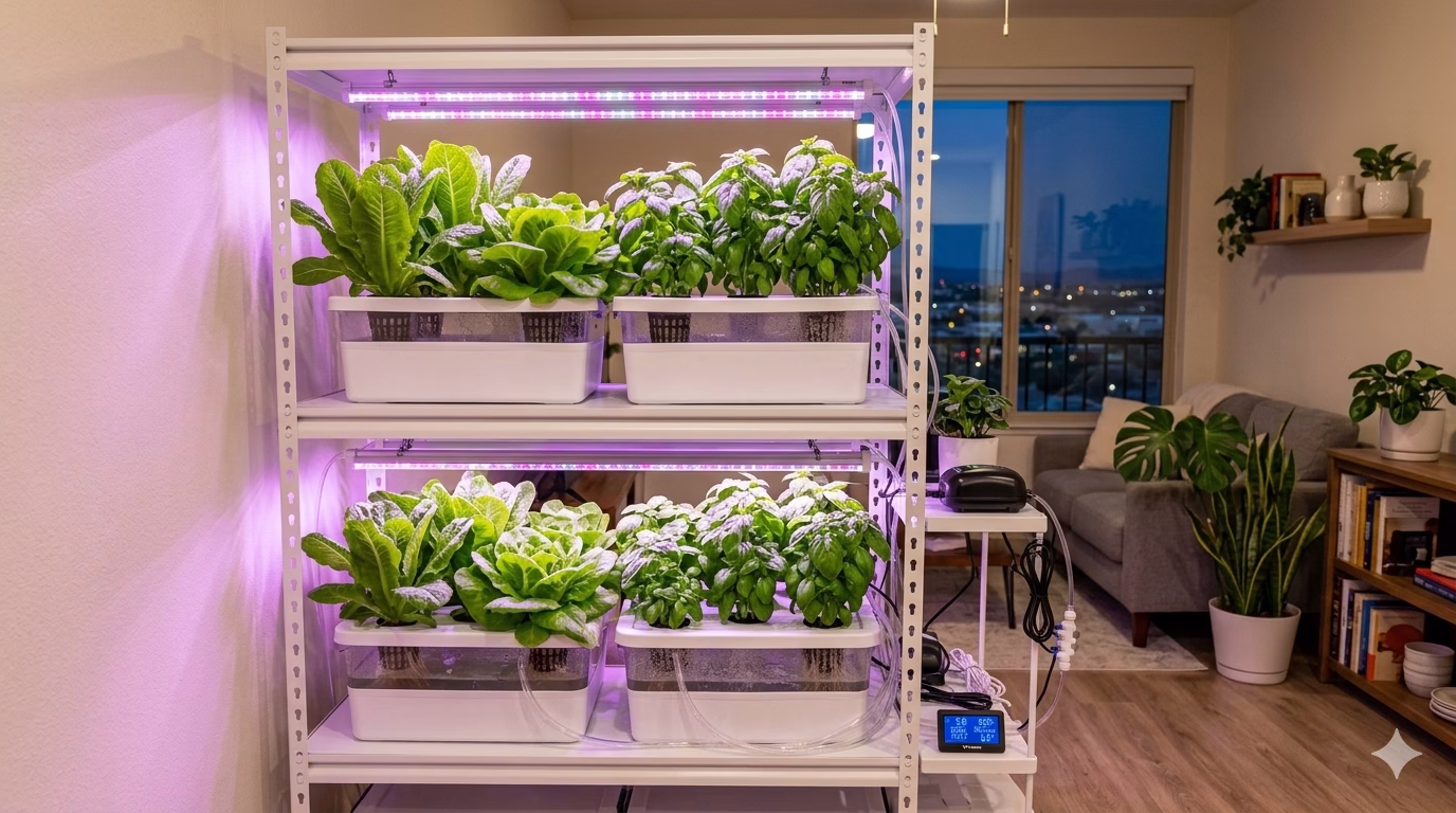 **Alt Image Description:** Compact 2x4 foot indoor hydroponic DWC rack in a modern apartment living room, growing lush green lettuce and basil plants in white net pots under glowing purple LED grow lights, clean white wire shelving with bubbling black reservoirs below, digital pH/EC meters on shelf, gentle air circulation from small fan, vibrant healthy foliage, professional hydroponics setup for small space urban farming.