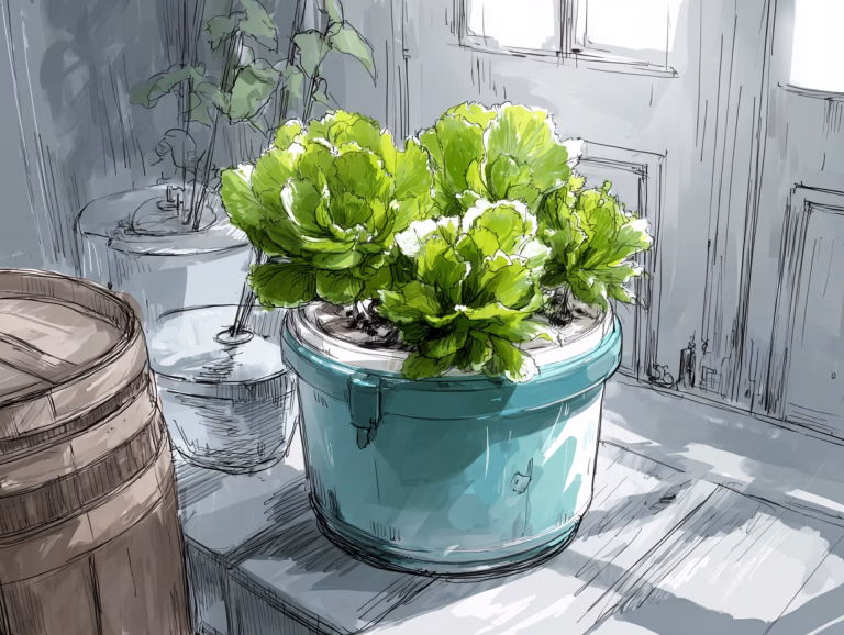 A sketch of three lettuce plants growing in a hydroponic bucket