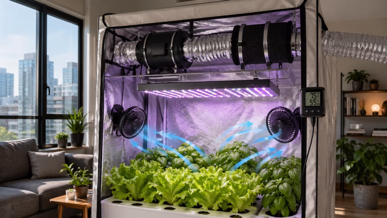 Hydroponic grow tent with complete ventilation setup including exhaust fan, carbon filter, and oscillating fans.