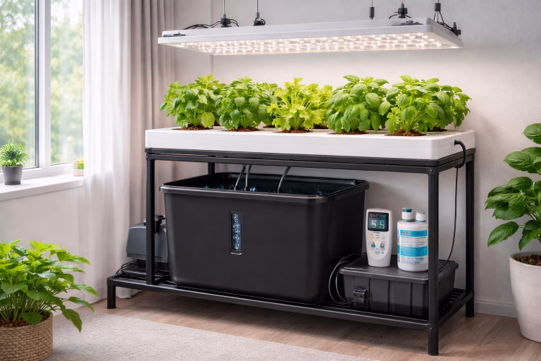 Central hydroponic reservoir shared system with lettuce and basil plants, pump, tubing, and pH meter for home growers