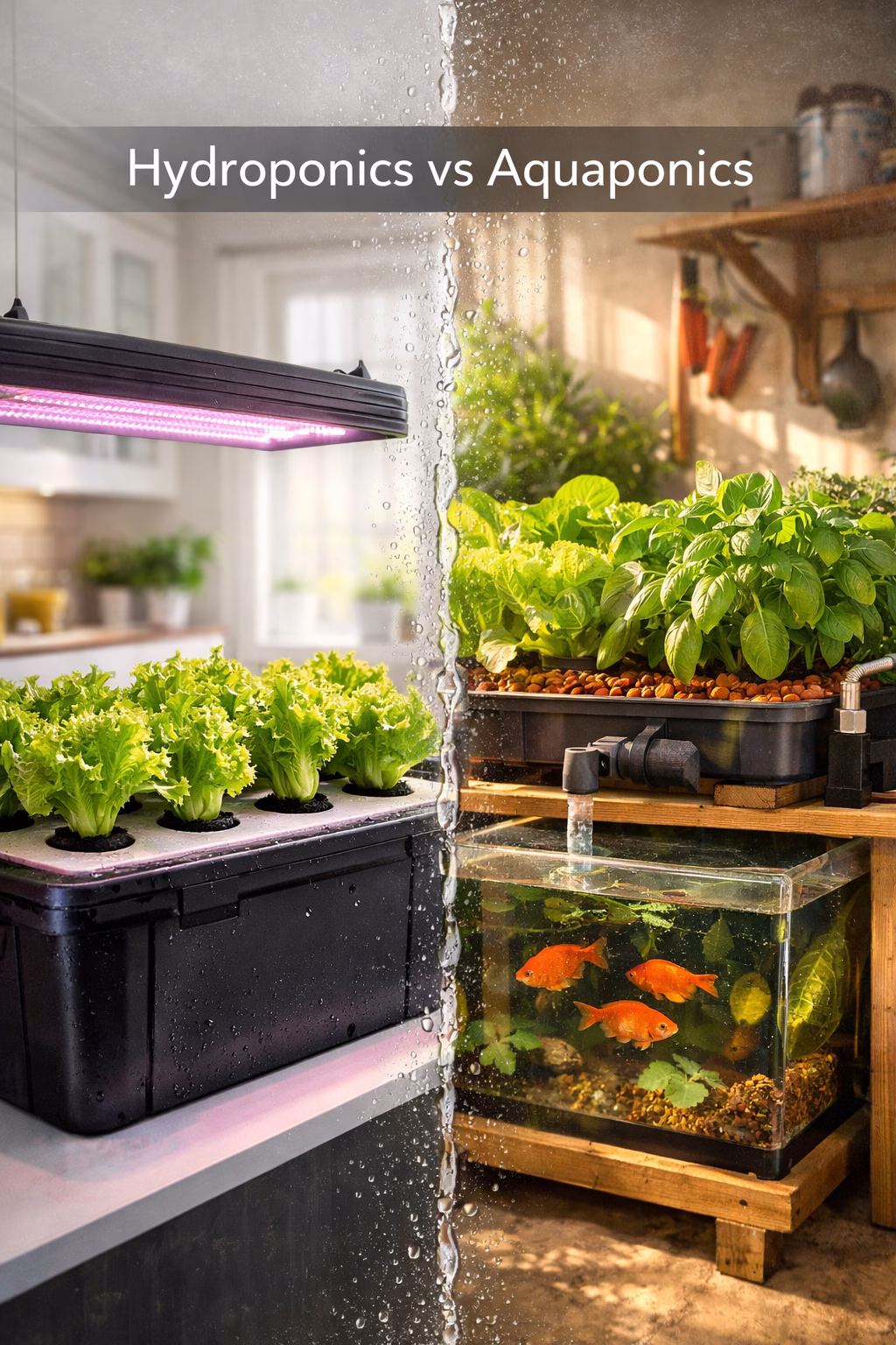Split‑view featured image showing a modern indoor hydroponic lettuce system on the left and a small home aquaponic setup with fish and greens on the right, illustrating the difference between hydroponics and aquaponics for home growers.
