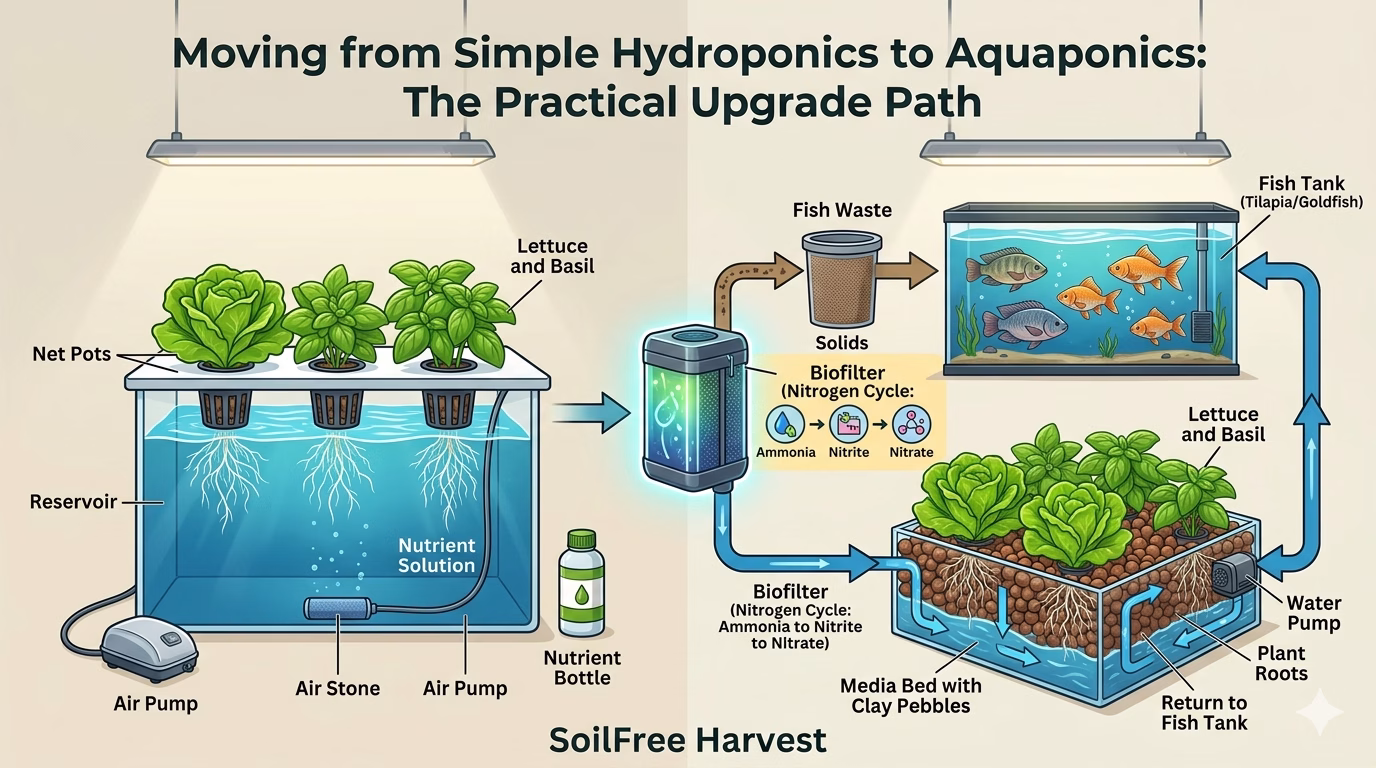 DWC Hydroponics vs Aquaponics → Soil Free Harvest Infographic diagram comparing a basic DWC hydroponic system (left) to an upgraded aquaponic system (right), showing fish tank, biofilter, nitrogen cycle icons, leafy greens like lettuce and basil, water circulation arrows, and SoilFree Harvest branding.