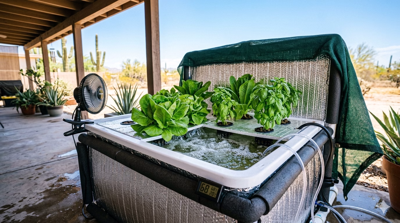 Outdoor hydroponic DWC system in Arizona desert heat showing white reflective reservoir with foam insulation and shade cloth cover, healthy lettuce and basil plants above bubbling air stones, small fan for airflow, digital thermometer at 68°F, heat waves in sunny background