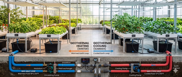 modern hydroponic greenhouse or indoor grow room split in concept, with one side subtly warmed by underground geothermal tubing and the other side gently cooled by the earth