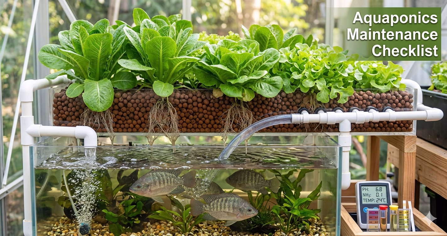 Aquaponics system maintenance checklist showing fish, plants, and water test kit for healthy home growing.