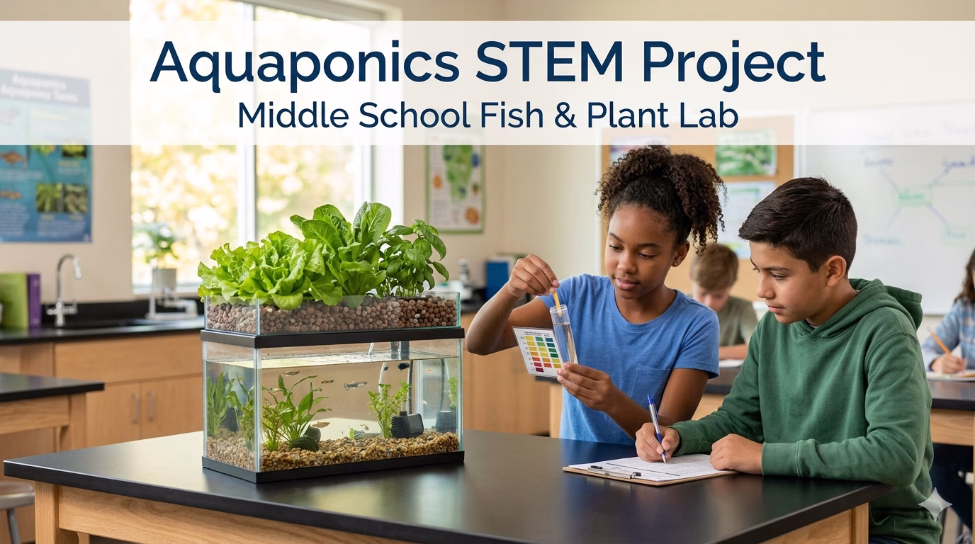 Aqauponics STEM project → Soil Free Harvest Aquaponics STEM project in a middle school classroom with a small fish tank and leafy greens in a grow bed while students test water quality.