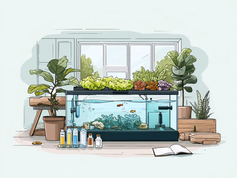 Drawing of an Indoor aquaponics system with fish tank, grow bed, leafy greens, and water testing supplies, illustrating the nitrogen cycle in a home grow setup.