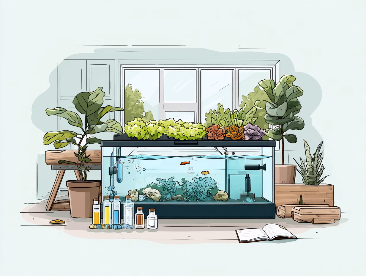 Drawing of an Indoor aquaponics system with fish tank, grow bed, leafy greens, and water testing supplies, illustrating the nitrogen cycle in a home grow setup.