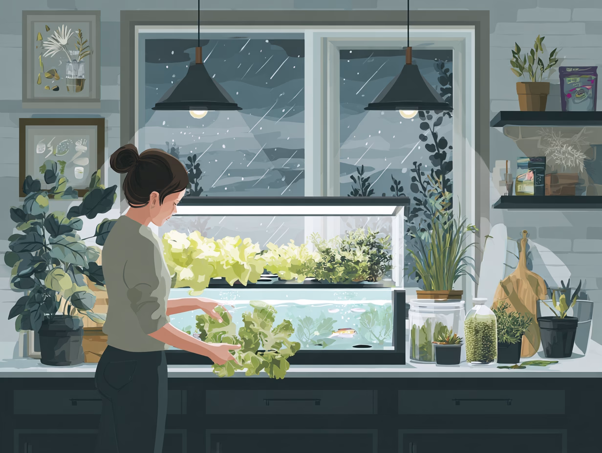 Calm person tending a small indoor hydroponic lettuce and basil system in an apartment living room, with a stormy sky outside the window highlighting food security and resilience.