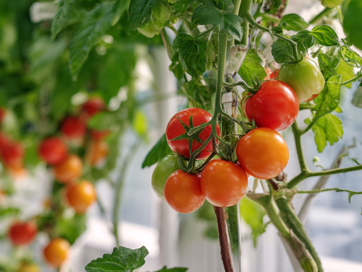 Hydroponic tomatoes growing in a bright summer garden with trellis support
