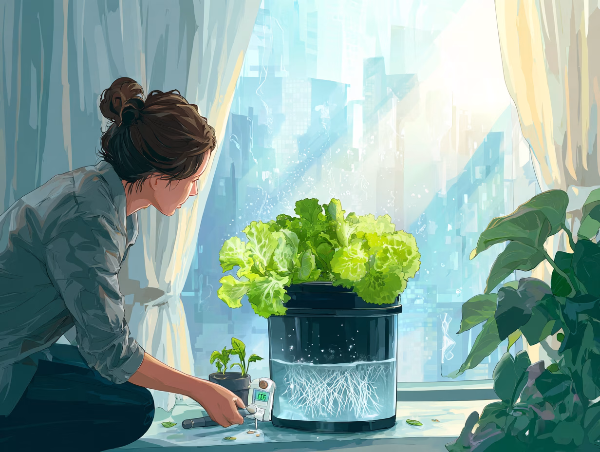 Serene apartment hydroponic DWC setup with lettuce and basil under blue LED lights, hand adjusting pH meter in bubbling nutrient water for stress-relieving indoor gardening.