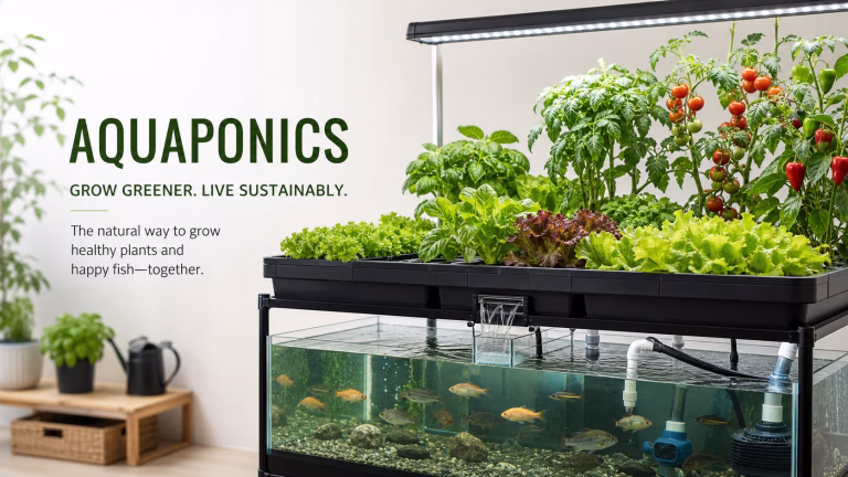 Healthy leafy greens, basil herbs, and tomato pepper plants growing in a home aquaponics system with fish tank, showing best plants for aquaponics ranked by difficulty for beginner to advanced growers