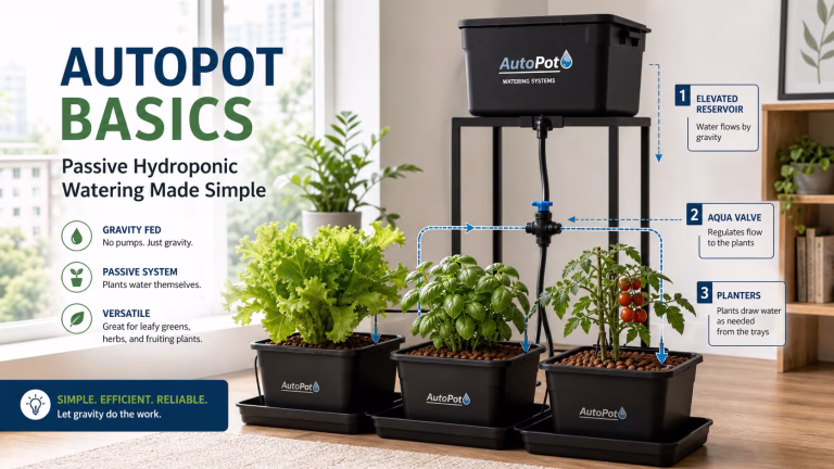 AutoPot style passive hydroponic watering system with gravity-fed reservoir, float valve, and container-grown basil, lettuce, and tomato plants