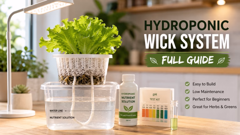 A close‑up view of a compact indoor hydroponic wick system on a countertop, showing a plastic plant pot with a lettuce or basil plant above a clear nutrient reservoir. One or two visible wicks connect the pot to the reservoir, demonstrating how moisture moves from the water to the plant’s roots through capillary action.
