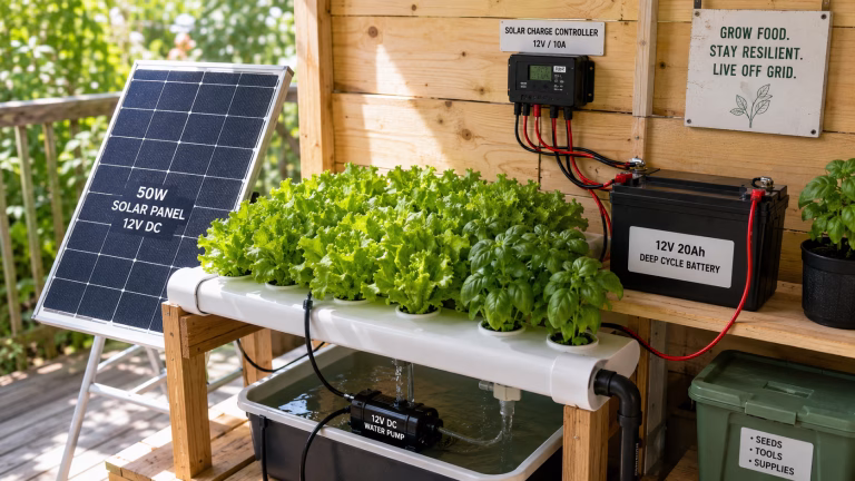 Off grid hydroponic system with leafy greens in a small DWC unit powered by a 12 V pump, solar panel, and battery backup on a home patio.