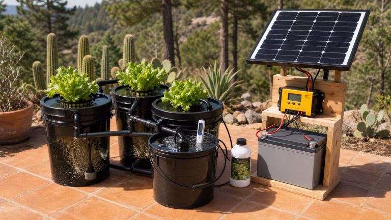 Solar powered hydroponics DWC system with off-grid parts: 12V DC pump, solar panel, battery, and leafy greens in net pots on sunny patio.